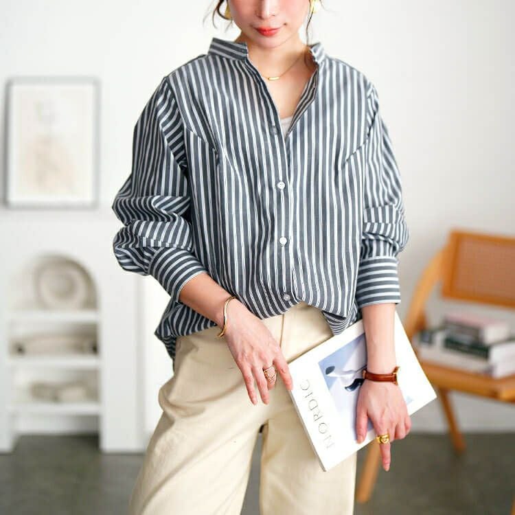 大きいサイズ レディース ストライプランタンスリーブタックシャツ　cpdai-640719