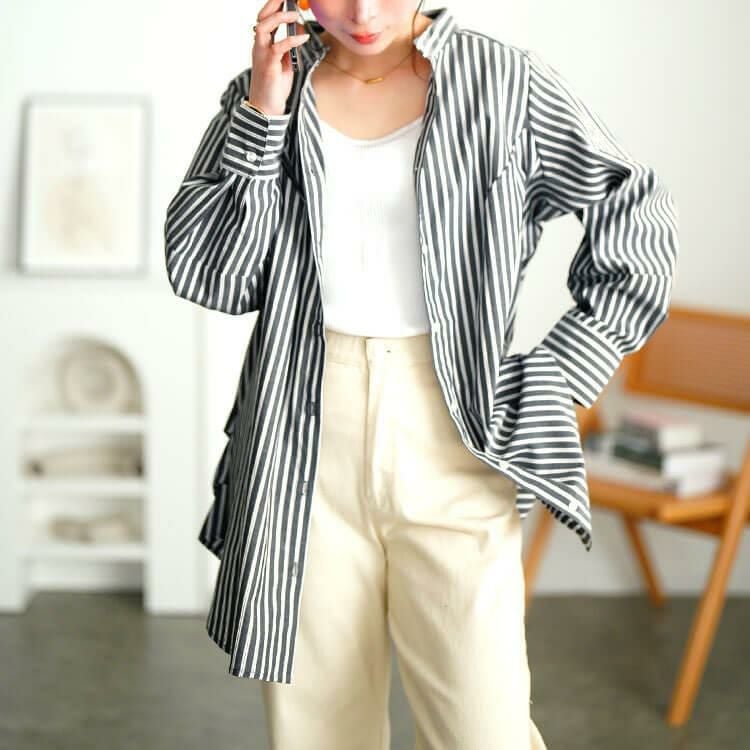 大きいサイズ レディース ストライプランタンスリーブタックシャツ　cpdai-640719 チャコール