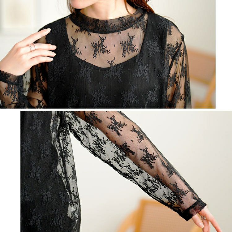 大きいサイズ レディース ミニハイネック花柄チュールレーストップス　cpdai-659594 【メール便可】