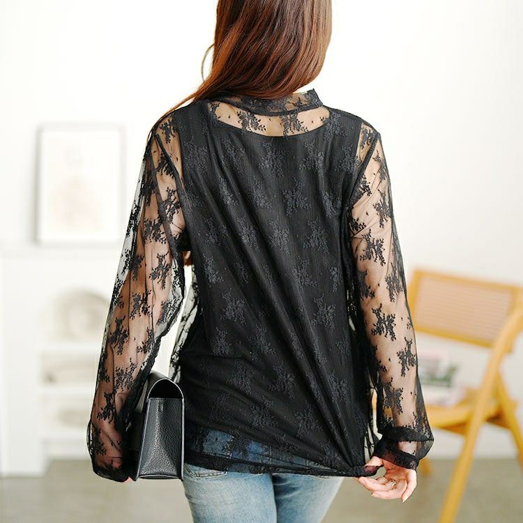 大きいサイズ レディース ミニハイネック花柄チュールレーストップス　cpdai-659594 【メール便可】