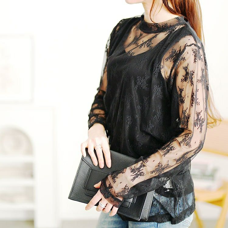 大きいサイズ レディース ミニハイネック花柄チュールレーストップス　cpdai-659594 【メール便可】