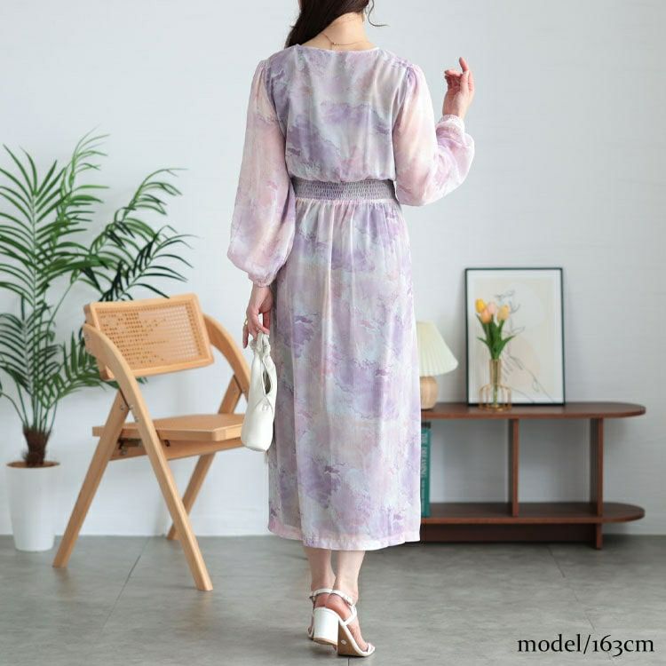 大きいサイズ レディース ニュアンス柄ウエスト切り替えシフォンワンピース　maru-30103