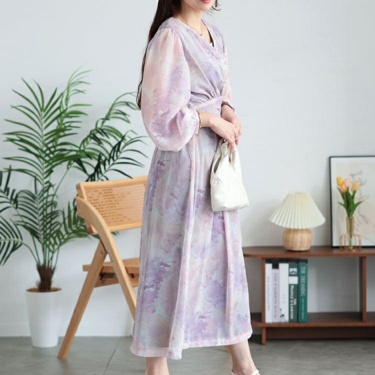 大きいサイズ レディース ニュアンス柄ウエスト切り替えシフォンワンピース　maru-30103