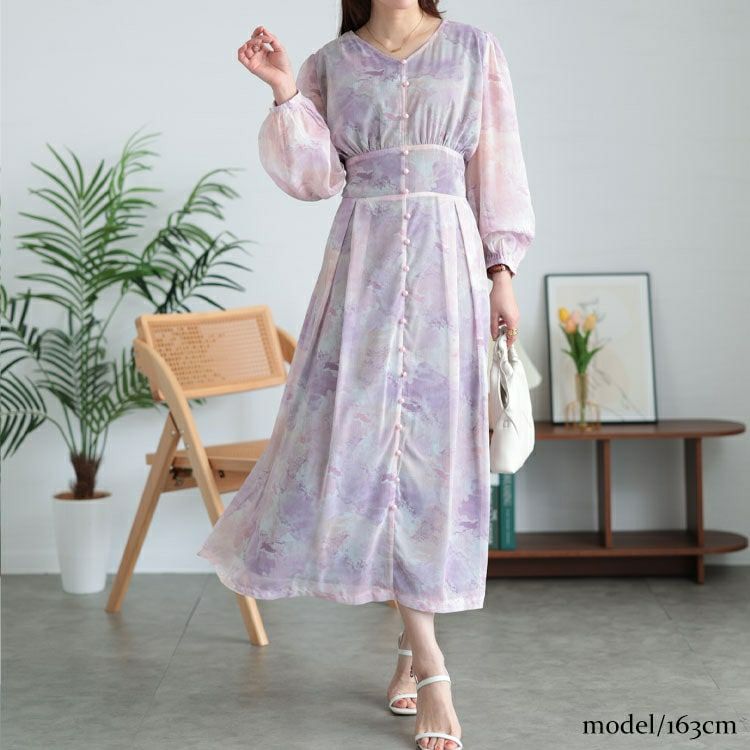 大きいサイズ レディース ニュアンス柄ウエスト切り替えシフォンワンピース　maru-30103