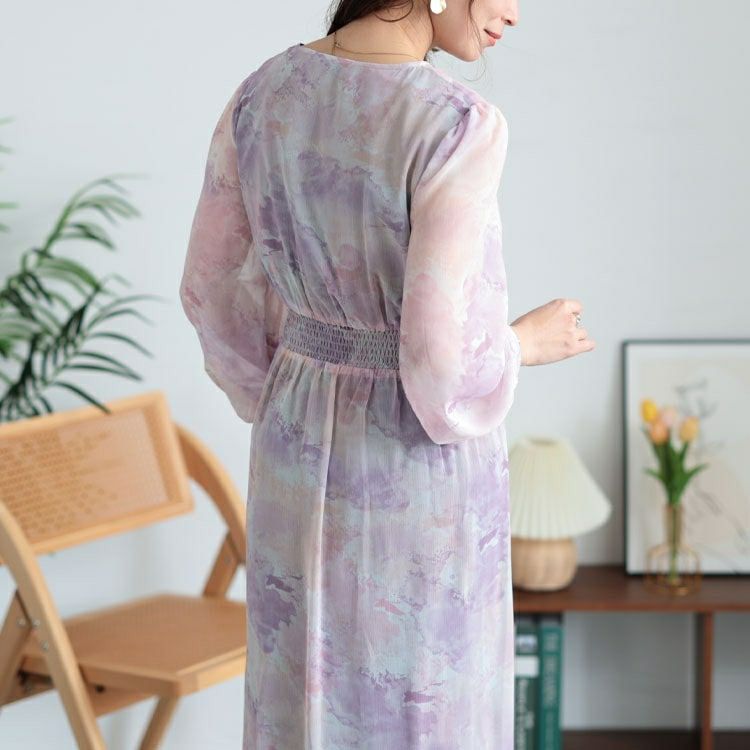 大きいサイズ レディース ニュアンス柄ウエスト切り替えシフォンワンピース　maru-30103