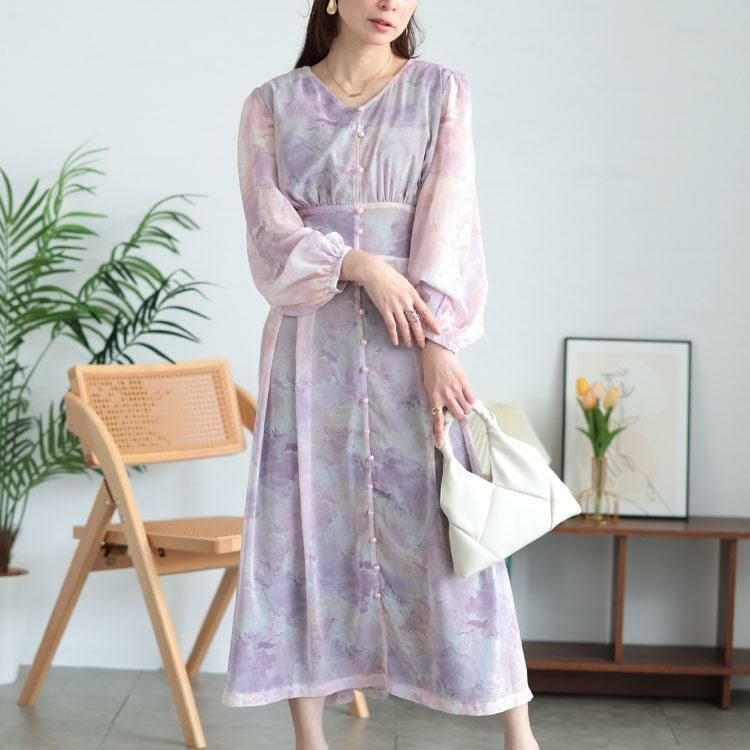 大きいサイズ レディース ニュアンス柄ウエスト切り替えシフォンワンピース　maru-30103 ピンク