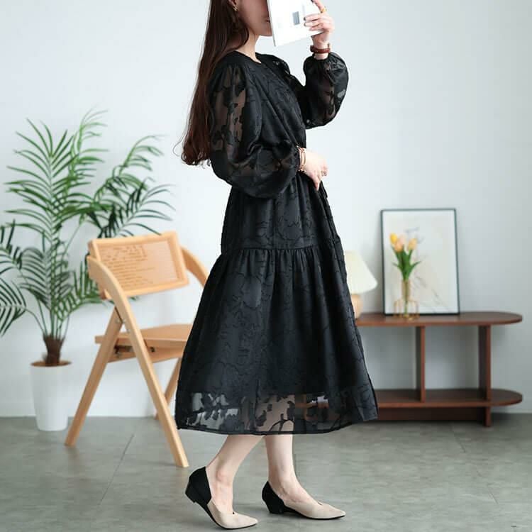 美品】　大きめ　マリナリナルディ　花柄　ジャガード　ワンピース　黒 大きいサイズ レディース 花柄ジャガードティアードワンピース jp535