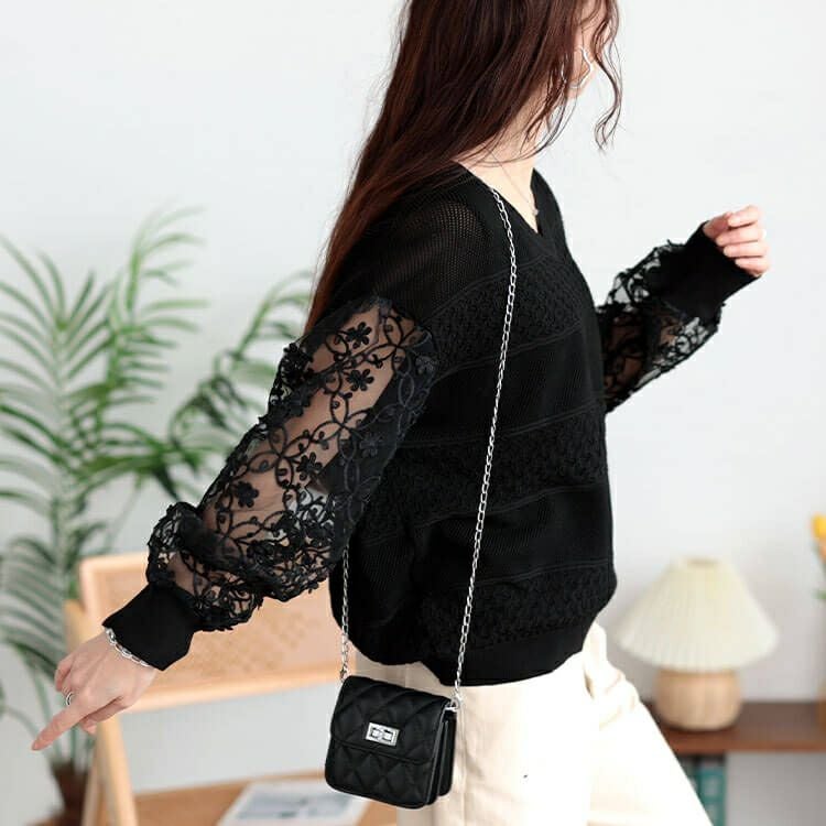 大きいサイズ レディース 花柄刺繍チュール切り替え柄編みニット　jp528