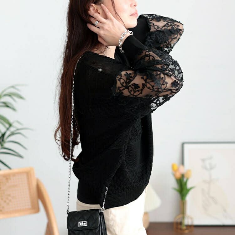 大きいサイズ レディース 花柄刺繍チュール切り替え柄編みニット　jp528