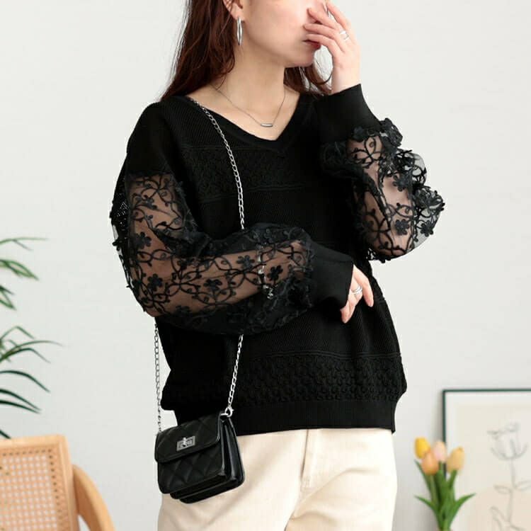 大きいサイズ レディース 花柄刺繍チュール切り替え柄編みニット　jp528