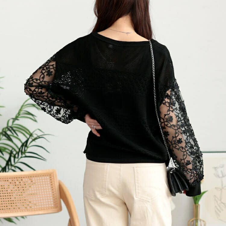 大きいサイズ レディース 花柄刺繍チュール切り替え柄編みニット　jp528