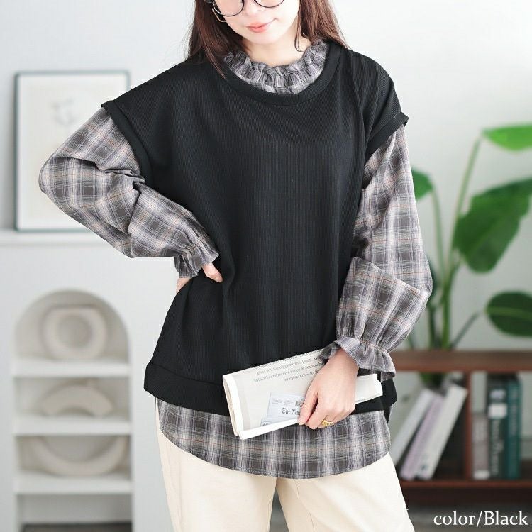 大きいサイズ レディース チェックシャツフェイクベストチュニック　cast-5552019 【メール便可】