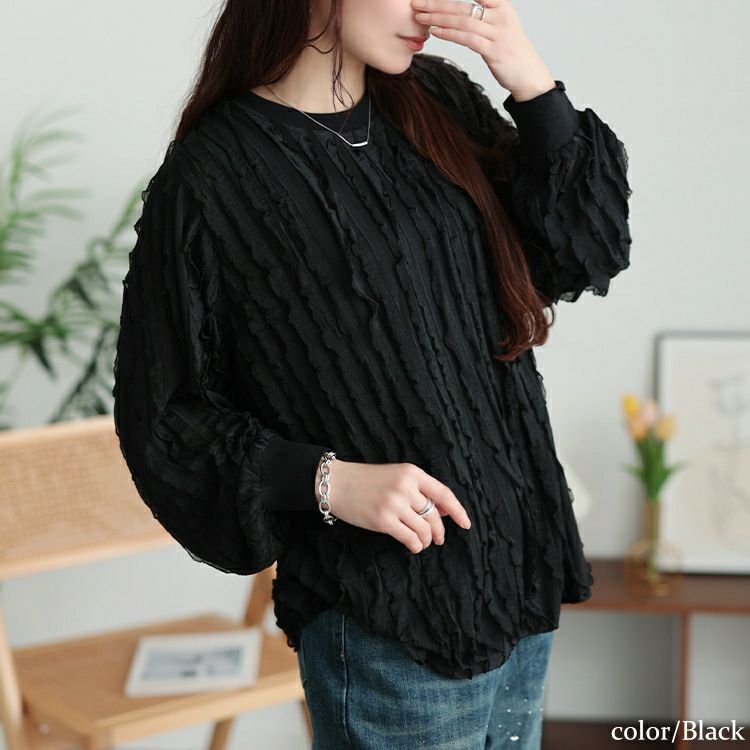 大きいサイズ レディース フリルタックジャガードプルオーバー　plan-271024 【メール便可】