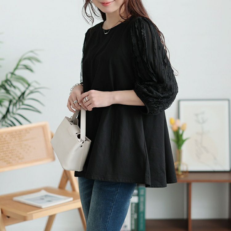 大きいサイズ レディース フリルタックジャガード切り替えプルオーバー　plan-271527 【メール便可】