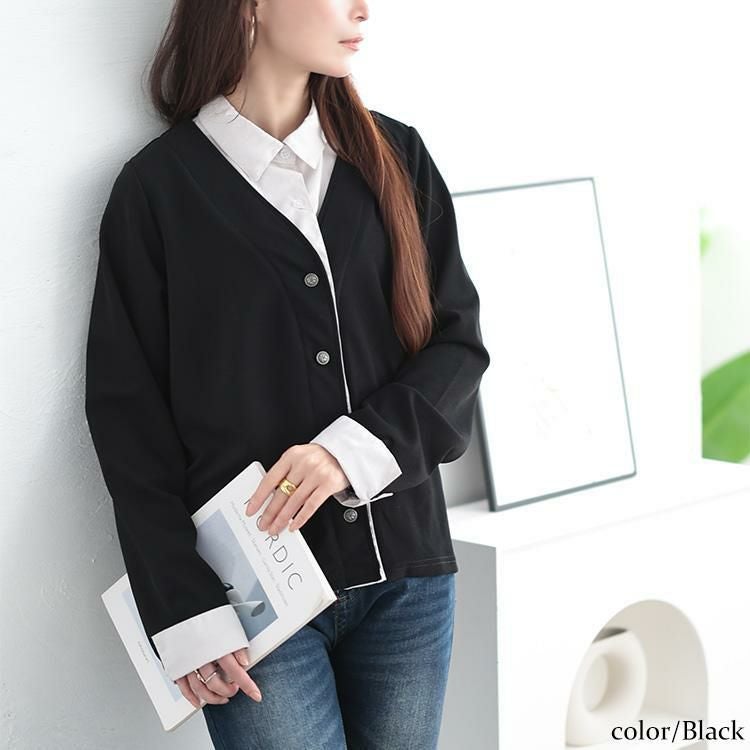 大きいサイズ レディース フェイクシャツカーディガン　plan-271601 ブラック