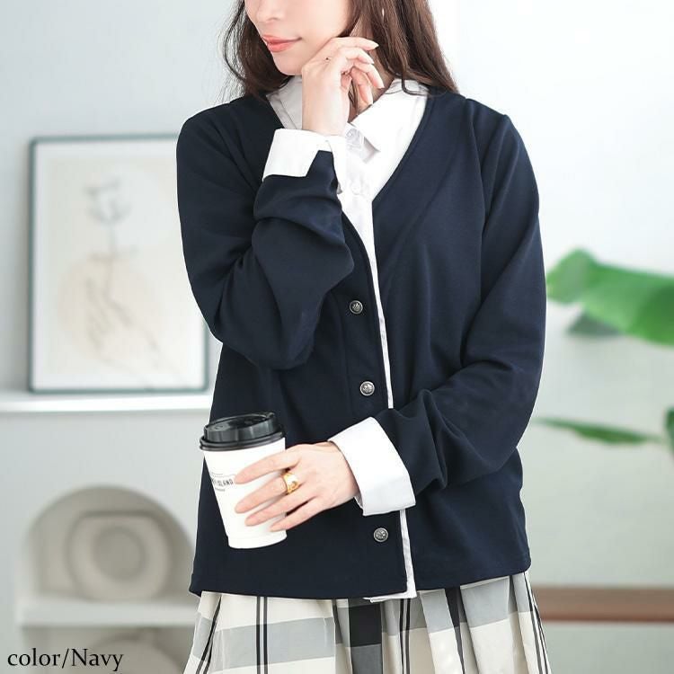 大きいサイズ レディース フェイクシャツカーディガン　plan-271601 ネイビー