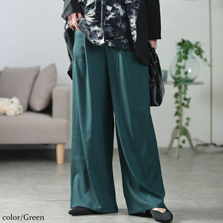 大きいサイズ レディース エステルツイルセンタータックワイドパンツ　plan-350001