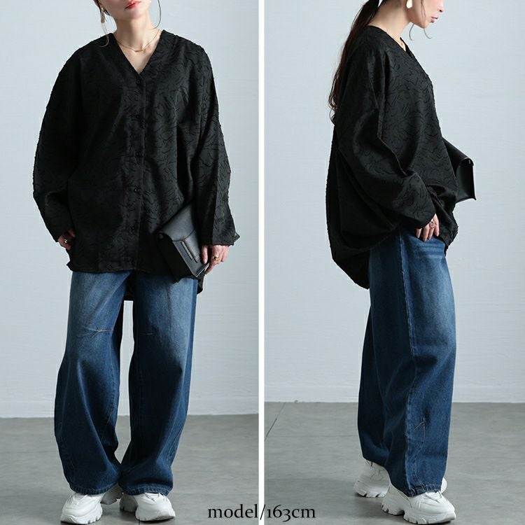 大きいサイズ レディース ジャガードサイドタックコクーンシャツ　sw-0701