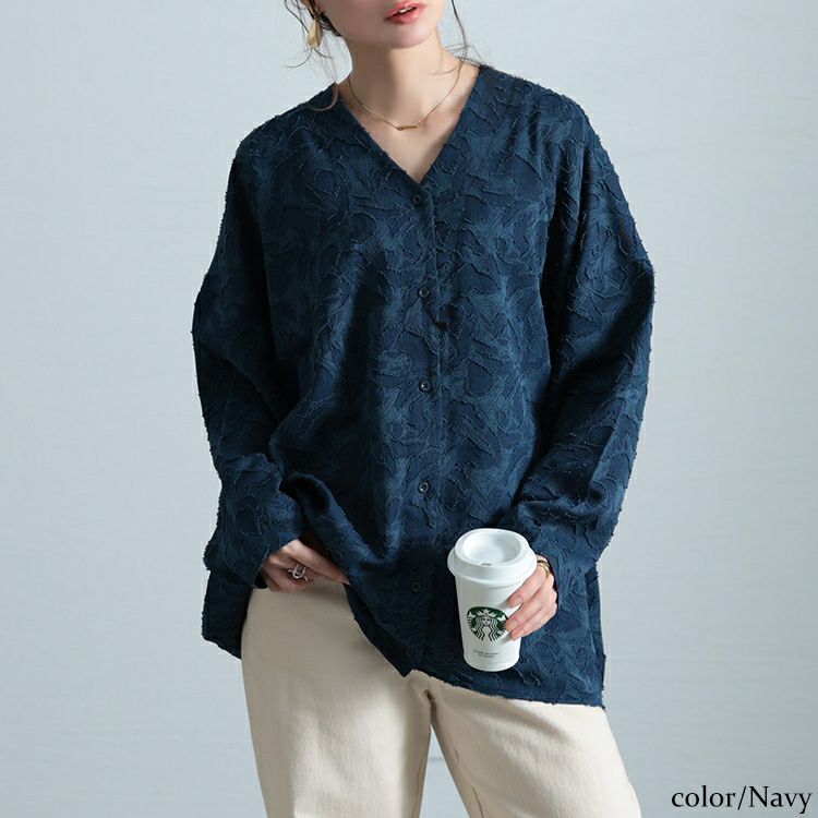 大きいサイズ レディース ジャガードサイドタックコクーンシャツ　sw-0701