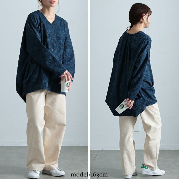 大きいサイズ レディース ジャガードサイドタックコクーンシャツ　sw-0701