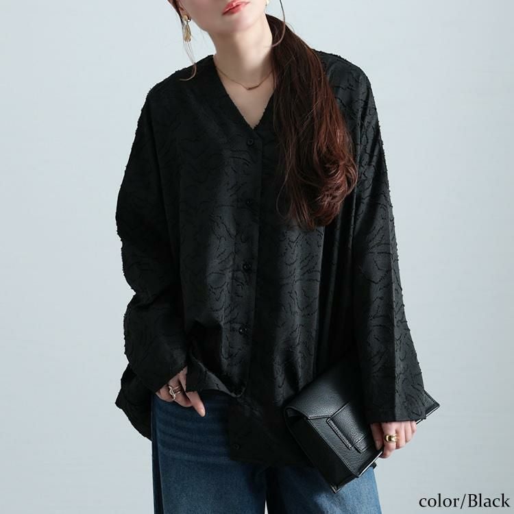 大きいサイズ レディース ジャガードサイドタックコクーンシャツ　sw-0701 ブラック