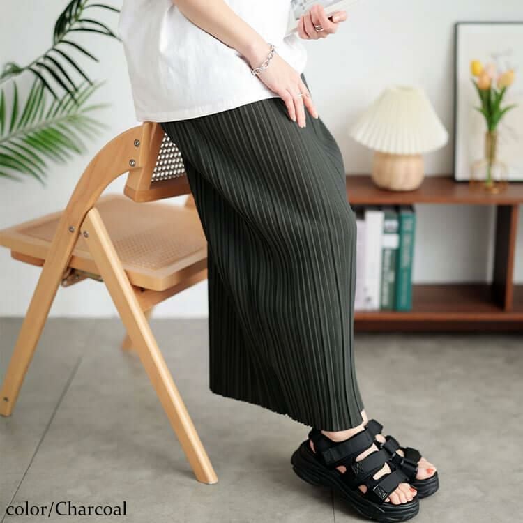大きいサイズ レディース ランダムプリーツナロースカート　tog-1024 チャコール
