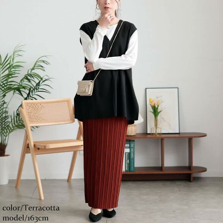 大きいサイズ レディース ランダムプリーツナロースカート　tog-1024 テラコッタ