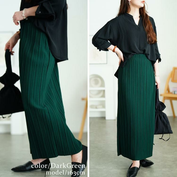 大きいサイズ レディース ランダムプリーツナロースカート　tog-1024 ダークグリーン