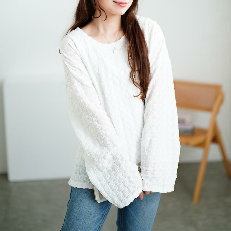 大きいサイズ レディース ラウンドネックポコポコプルオーバー　tog-1023 ホワイト