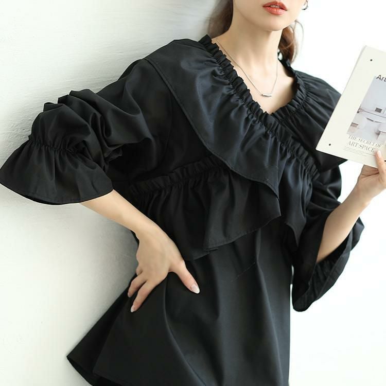 大きいサイズ レディース クロスフリルキャンディスリーブブラウス　tog-1029 ブラック