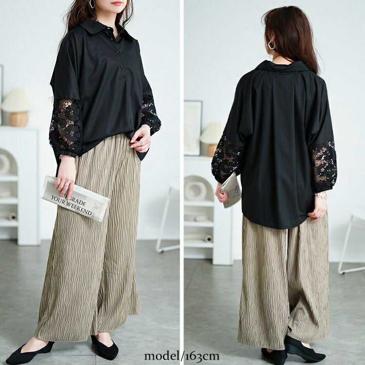 大きいサイズ レディース 花柄レース切り替えバルーンスリーブシャツ　jp527 【メール便可】