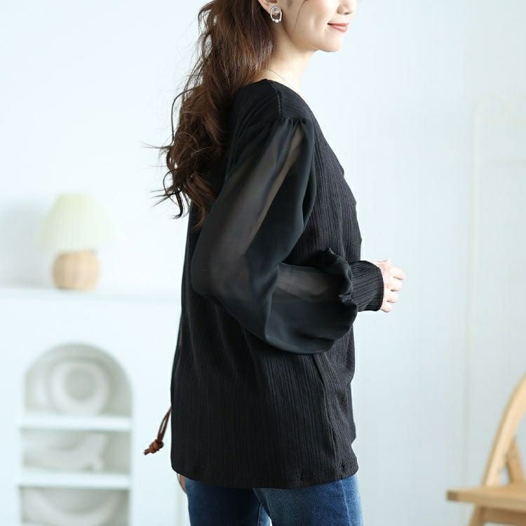 大きいサイズ レディース 袖シフォン胸元ギャザープルオーバー　jp529 【メール便可】