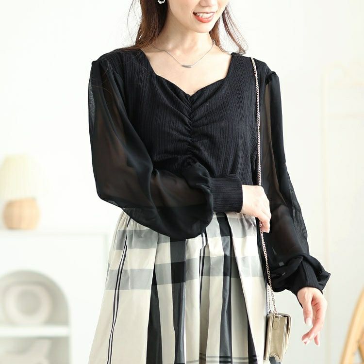 大きいサイズ レディース 袖シフォン胸元ギャザープルオーバー　jp529 【メール便可】