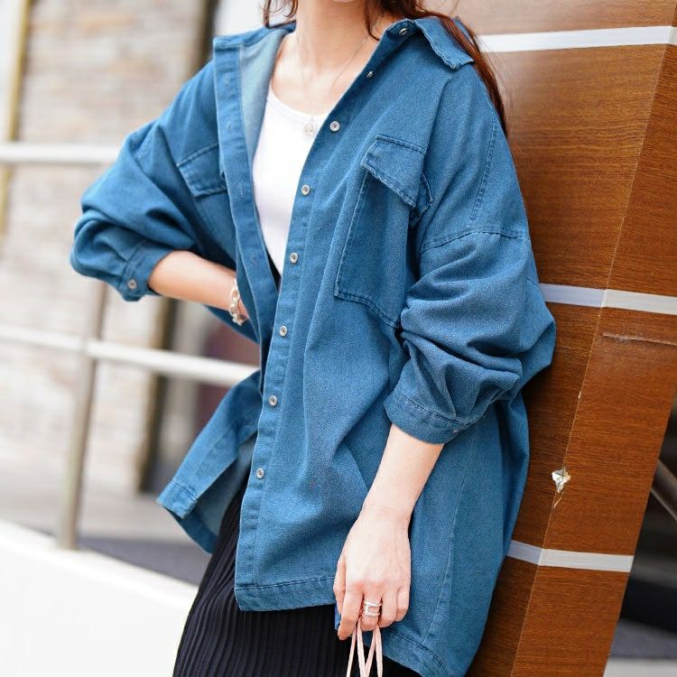 大きいサイズ レディース ビッグポケットオーバーサイズデニムシャツ　plan-381004