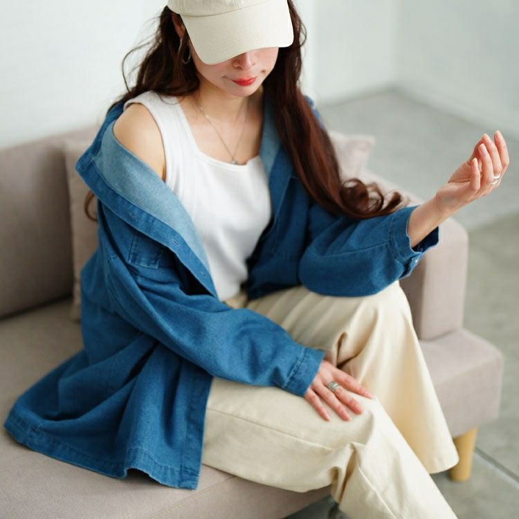 大きいサイズ レディース ビッグポケットオーバーサイズデニムシャツ　plan-381004