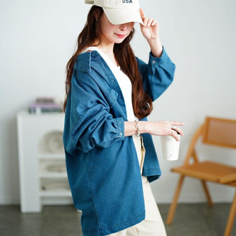 大きいサイズ レディース ビッグポケットオーバーサイズデニムシャツ　plan-381004