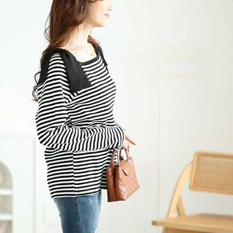 大きいサイズ レディース 肩リボンリブボーダーカットソー　plan-471002 【メール便可】