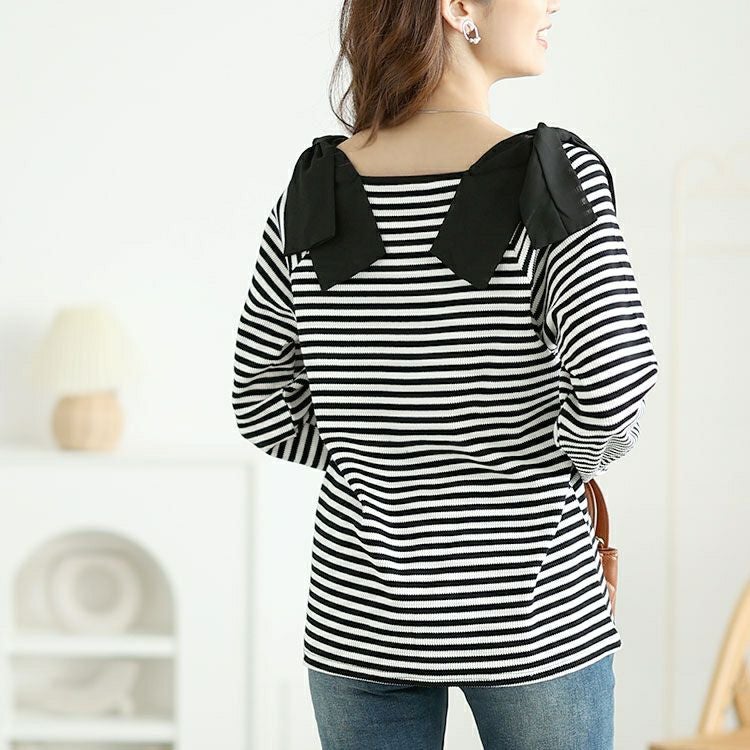 大きいサイズ レディース 肩リボンリブボーダーカットソー　plan-471002 【メール便可】