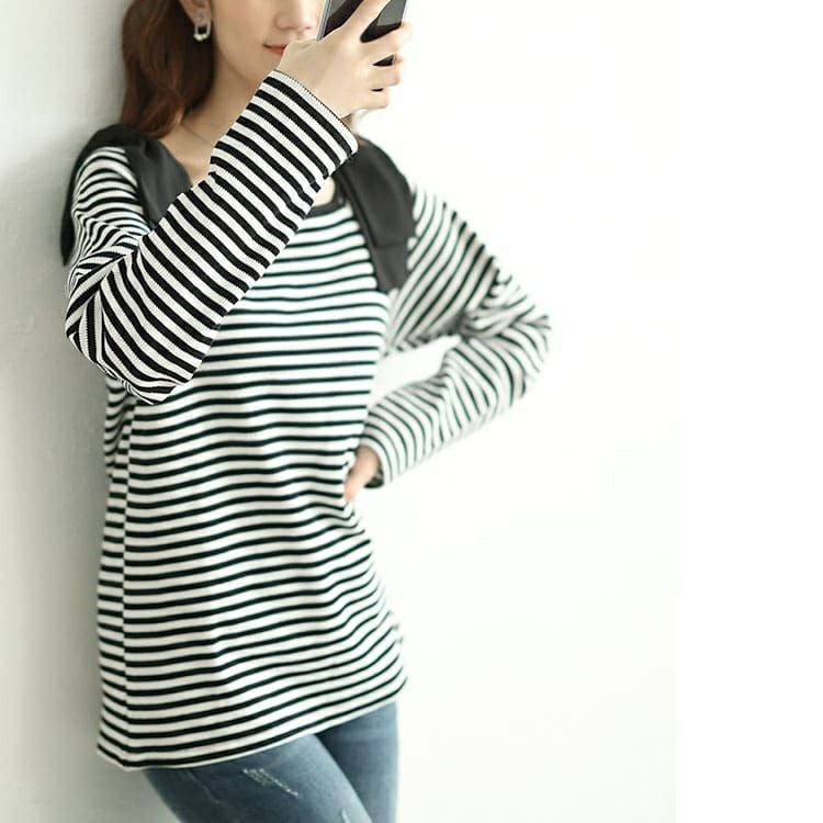 大きいサイズ レディース 肩リボンリブボーダーカットソー　plan-471002 【メール便可】