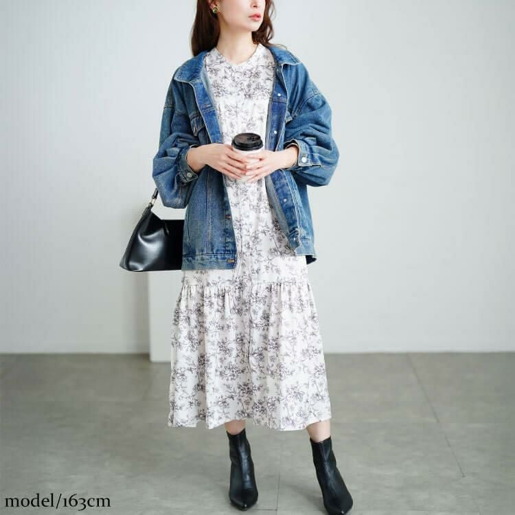 大きいサイズ レディース モノトーンプリントティアードワンピース　plan-371001 【メール便可】 花柄