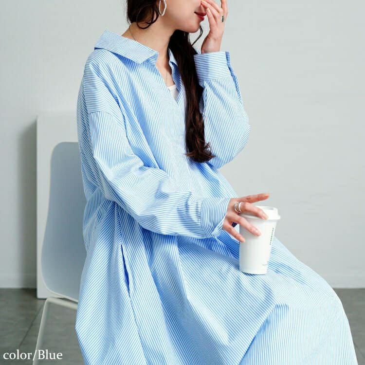 大きいサイズ レディース 後ろレースアップストライプシャツワンピース　plan-371003 【メール便可】