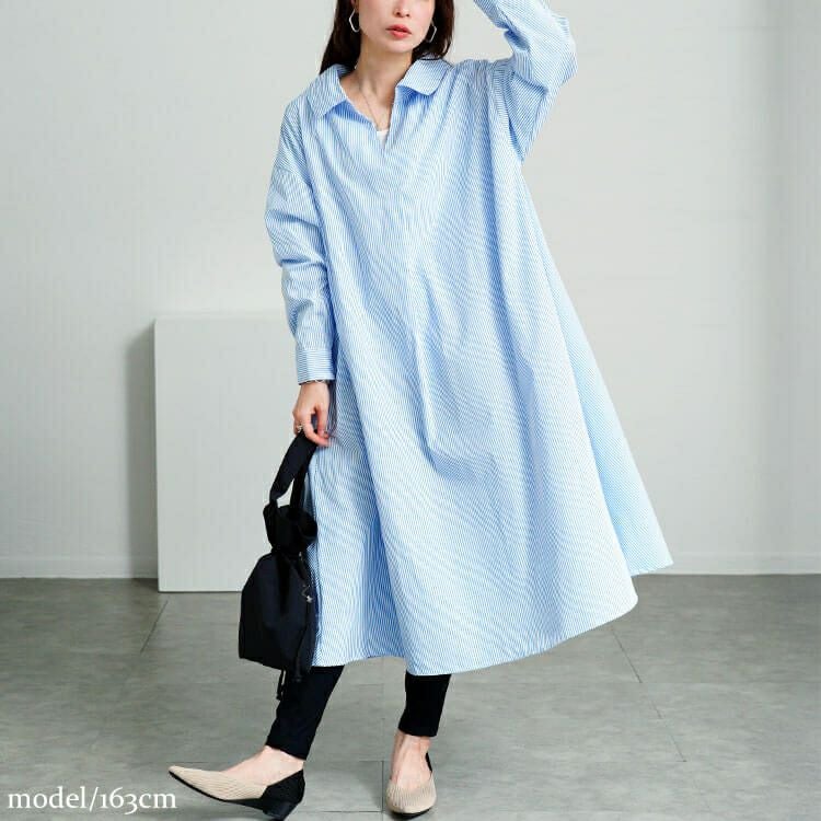 大きいサイズ レディース 後ろレースアップストライプシャツワンピース　plan-371003 【メール便可】