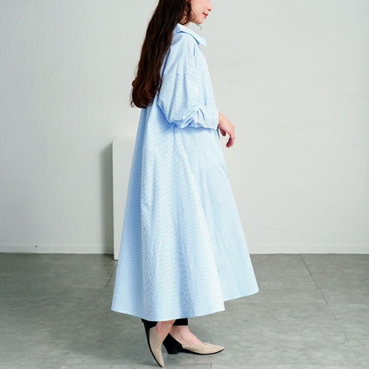 大きいサイズ レディース 後ろレースアップストライプシャツワンピース　plan-371003 【メール便可】