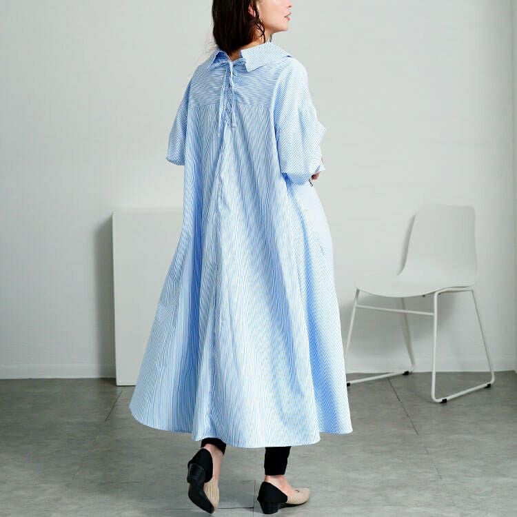 大きいサイズ レディース 後ろレースアップストライプシャツワンピース　plan-371003 【メール便可】