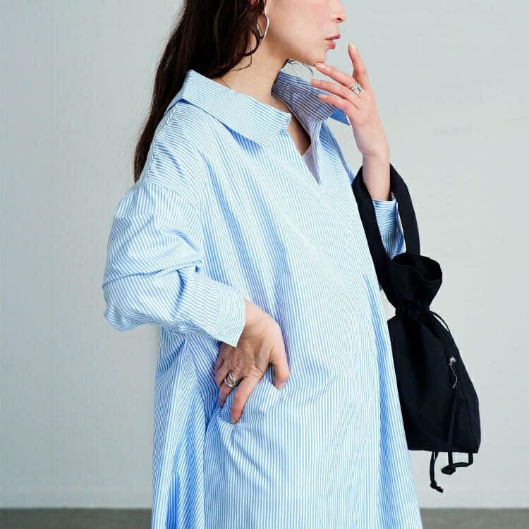 大きいサイズ レディース 後ろレースアップストライプシャツワンピース　plan-371003 【メール便可】