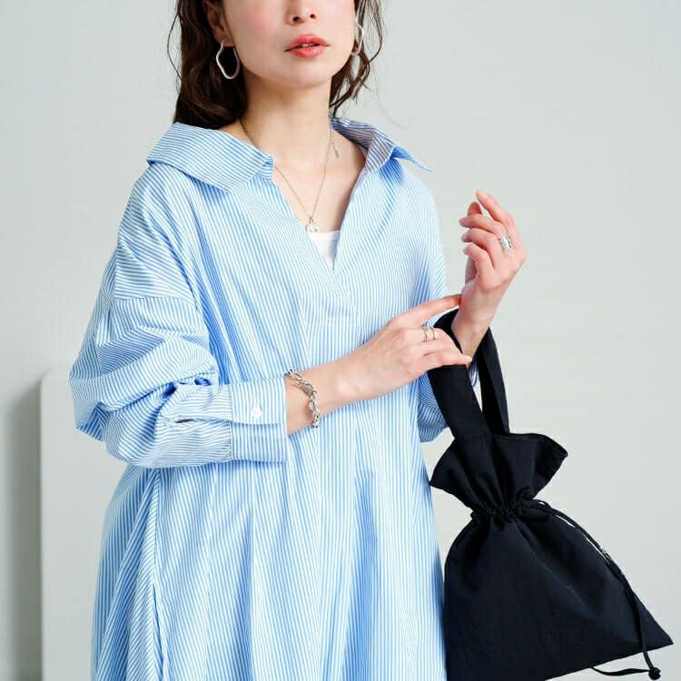 大きいサイズ レディース 後ろレースアップストライプシャツワンピース　plan-371003 【メール便可】