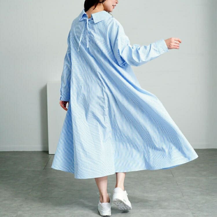 大きいサイズ レディース 後ろレースアップストライプシャツワンピース　plan-371003 【メール便可】
