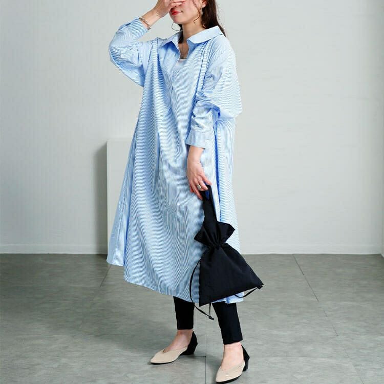 大きいサイズ レディース 後ろレースアップストライプシャツワンピース　plan-371003 【メール便可】