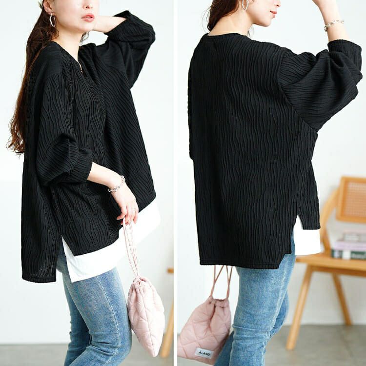 大きいサイズ レディース ウェーブプリーツフェイクレイヤードプルオーバー　plan-271600
