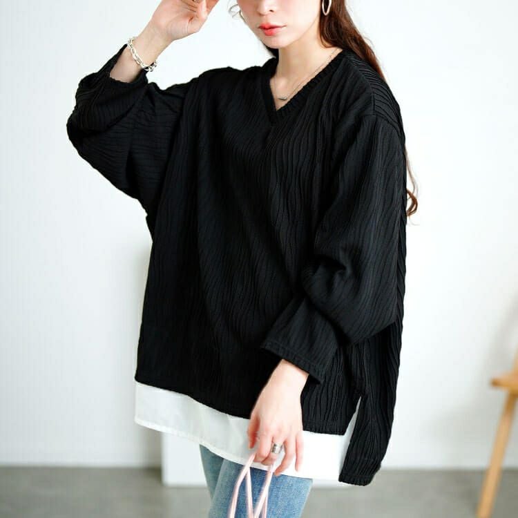 大きいサイズ レディース ウェーブプリーツフェイクレイヤードプルオーバー　plan-271600